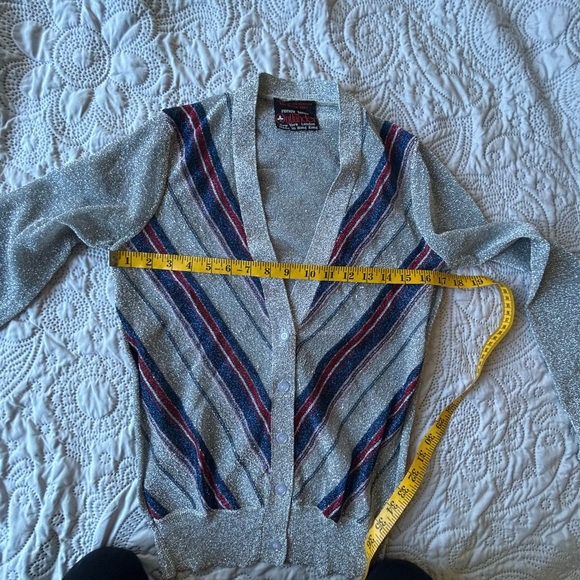 Vintage lurex cardigan Renee Tener for Outlander. Silver w/multi stripe. 70s XS - Picture 11 of 14